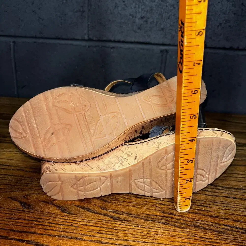 B.O.C. Born Concept Black Leather Floral Cork Wedge Sandals Women’s 9